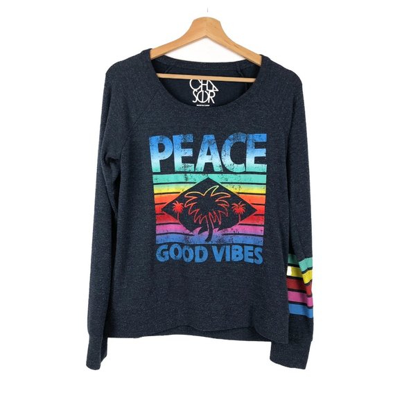 Chaser Peace Good Vibes Navy Tropical Palm Tree Rainbow Sweatshirt S - Picture 1 of 6